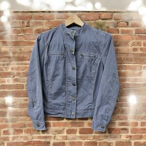 Womens Boden Mandorin Collar Jacket Size 12 Blue Gray Elbow Pads